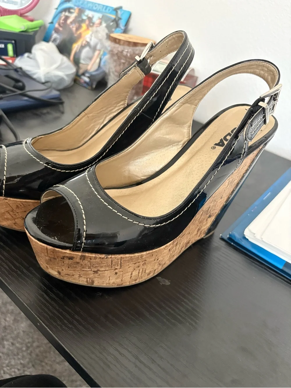 SODA Black Patent Peep-Toe Slingback Wedges